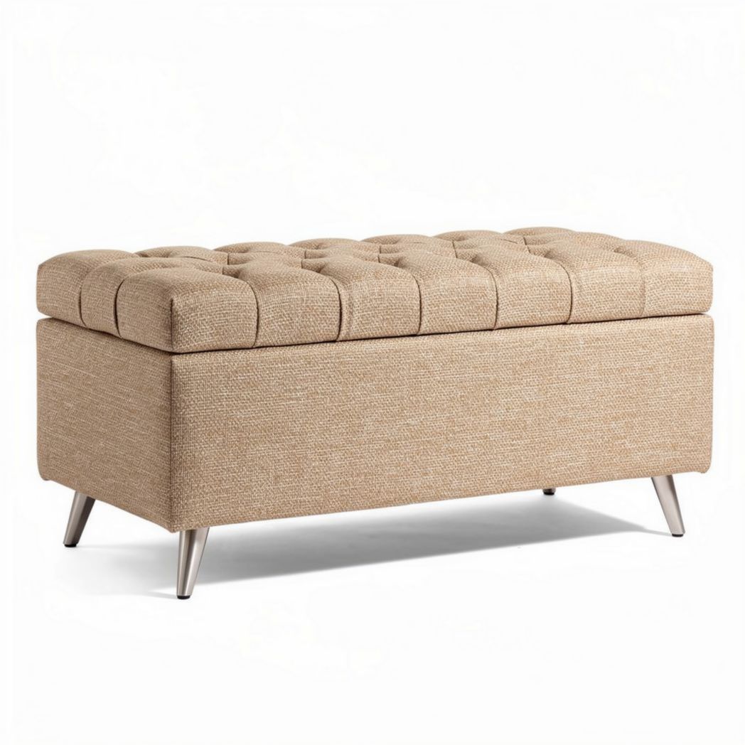 Ottoman tapizado en tela beige con almacenamiento 100 x 50 x 45cm