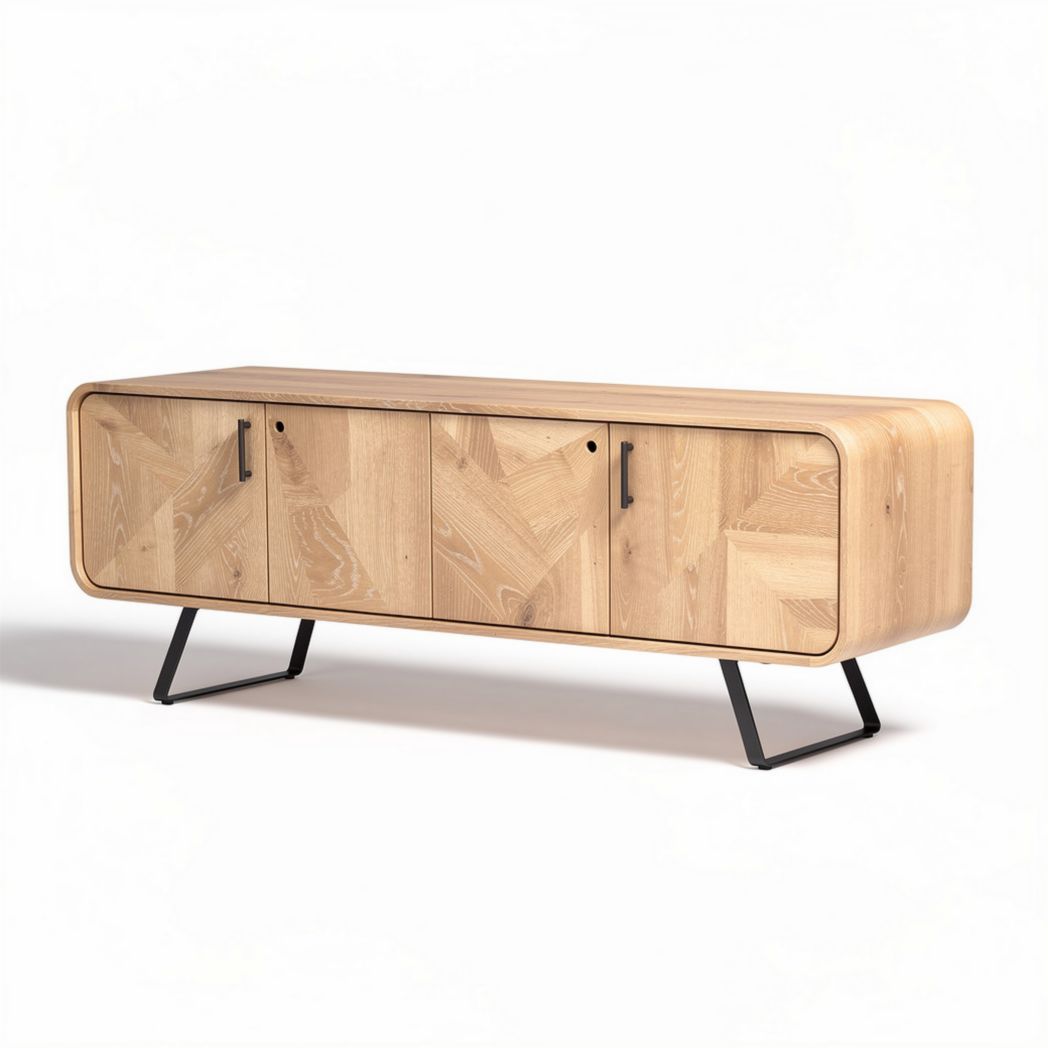Mueble de televisión de madera natural con puertas y estructura metálica 150 x 40 x 50cm
