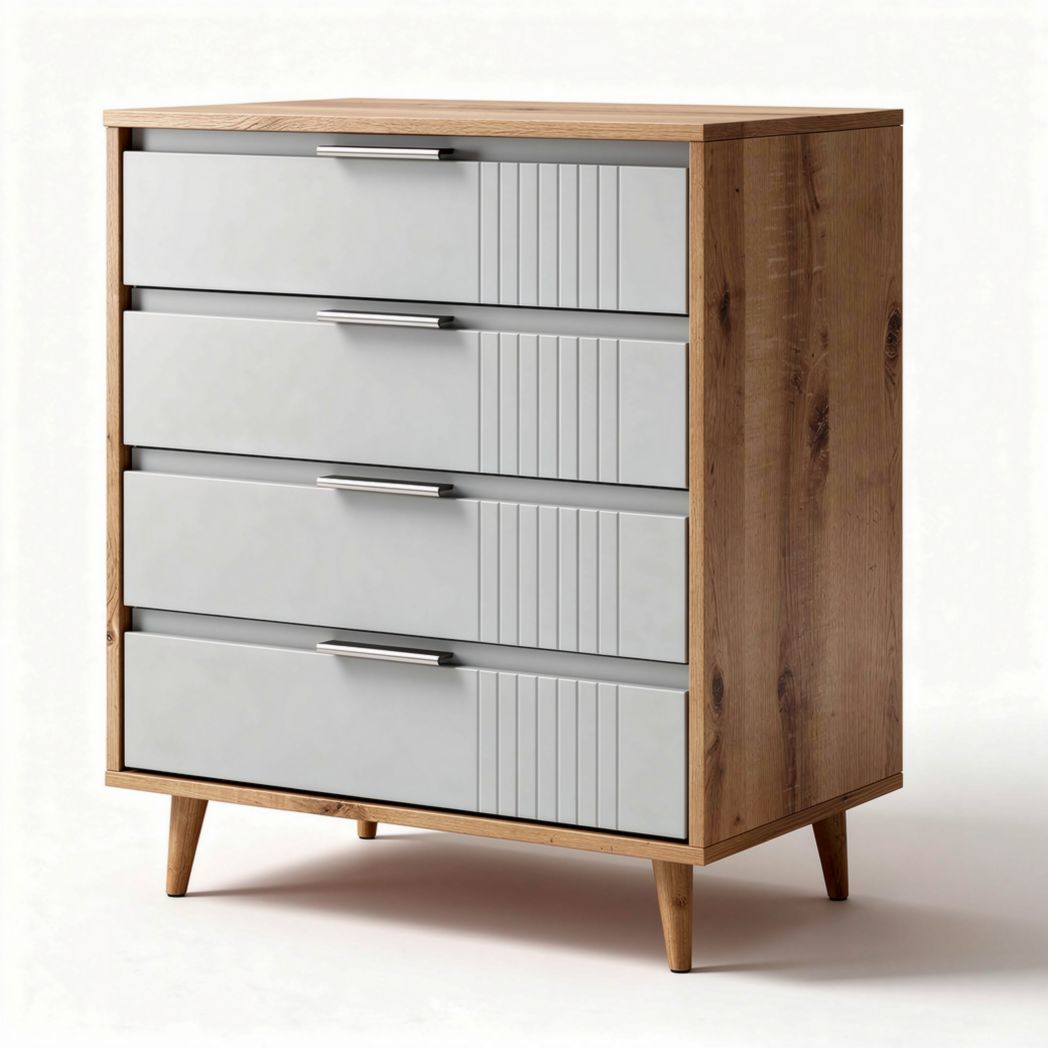 Comoda de madera con cuatro cajones en color gris y natural 80 x 60 x 40cm