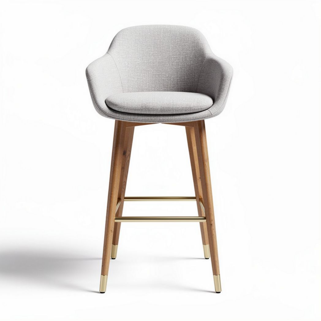 Taburete con asiento acolchado en tela gris y estructura de madera clara 40 x 40 x 100cm