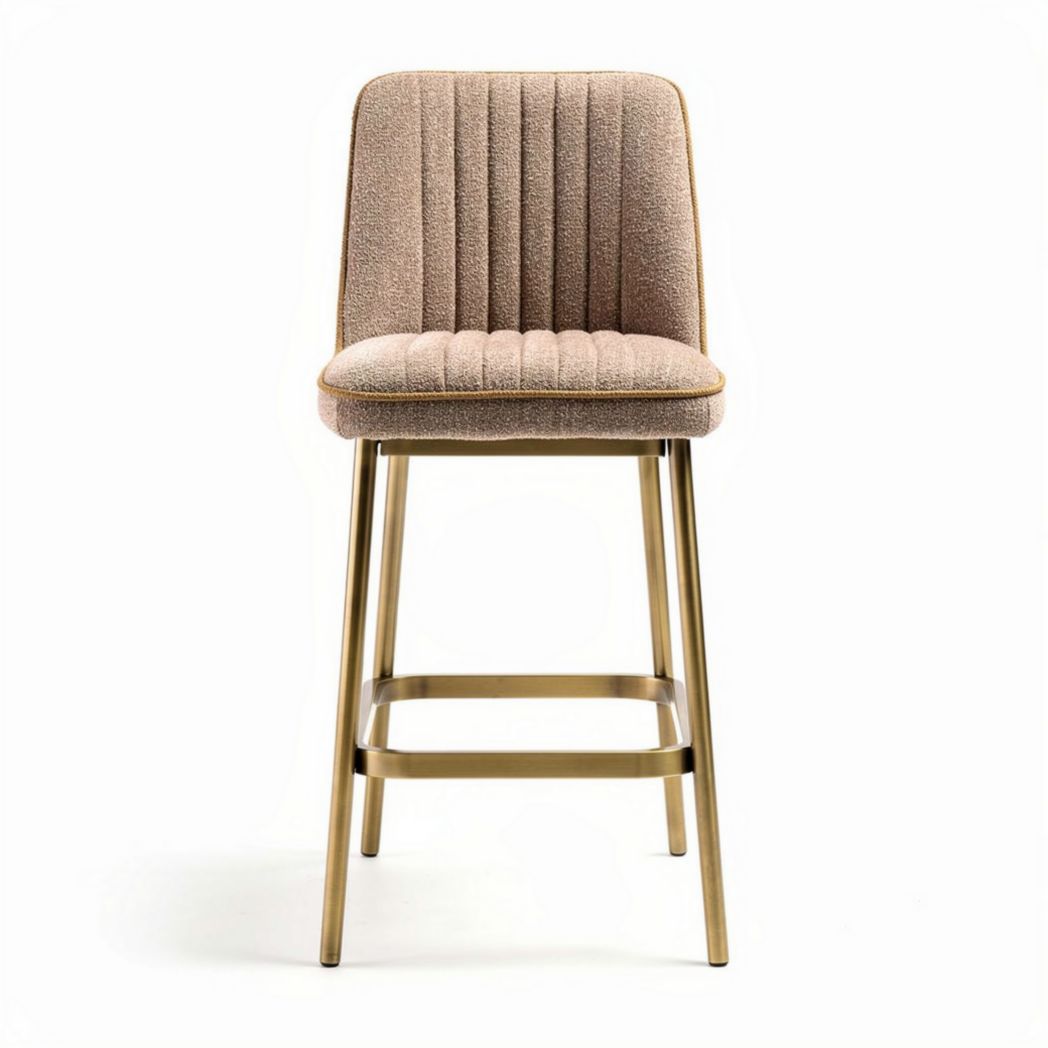 Taburete de bar tapizado en tela beige con estructura metálica dorada 45 x 40 x 100cm