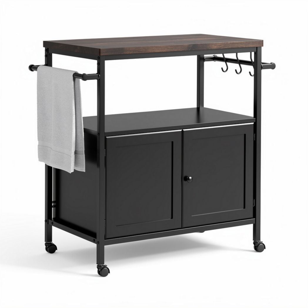 Carro de cocina con estructura de metal negro y superficie de madera de 70 x 40 x 85cm