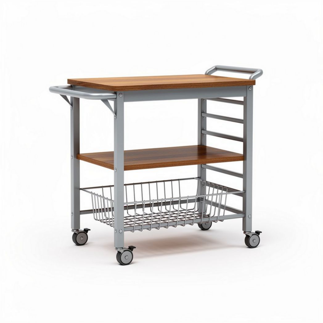 Carro de servicio de metal y madera con ruedas y estante inferior de malla 90 x 60 x 80cm