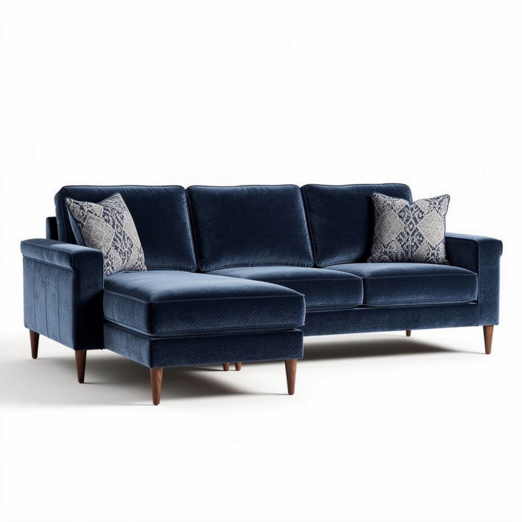 sofá seccional de terciopelo azul con cojines decorativos 200 x 90 x 85cm