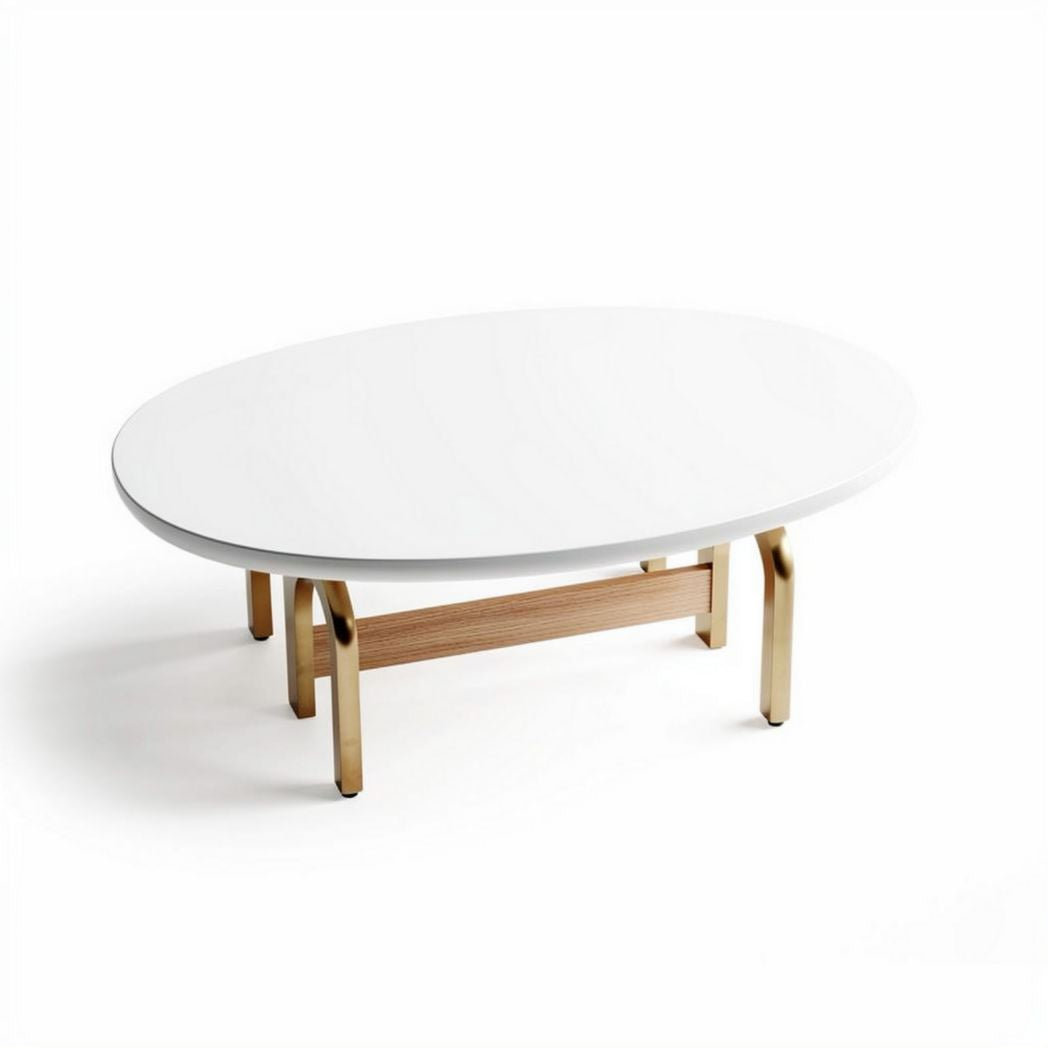 Mesa de centro ovalada blanca con patas de metal dorado y madera de 100 x 60 x 45cm